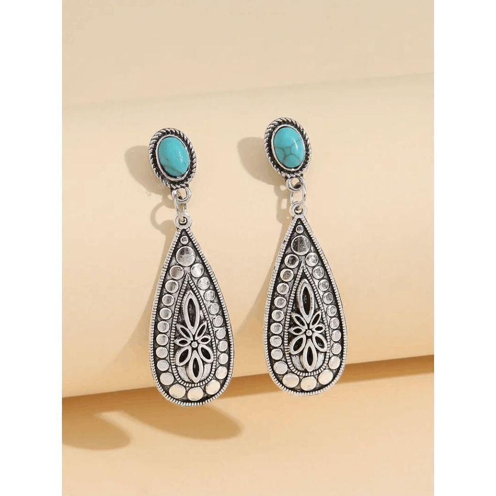 Western Water Drop Silver Turquoise Dangle Earrings